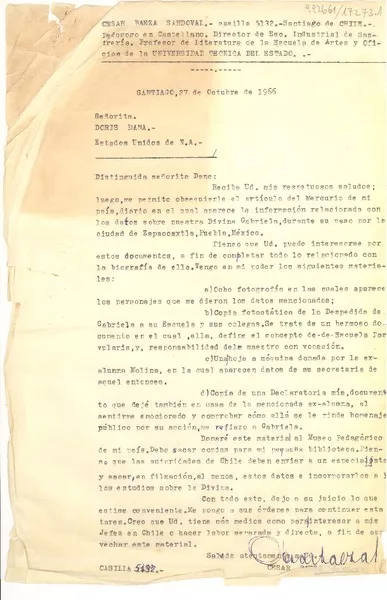 [Carta] 1966 dic. 27, Casilla 5132, Santiago de Chile [a la] Señorita Doris Dana, Hack Green Road (Box) 284, Pound Ridge, Nueva York, Estados Unidos de Norteamérica  [manuscrito] César Baeza Sandoval.