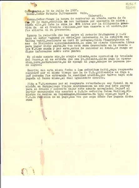 [Carta] 1937 jul. 10, Copenhague, [Dinamarca] [a] Excmo. Señor Notario Francesco Guio, Chiavari  [manuscrito] Gabriela Mistral.