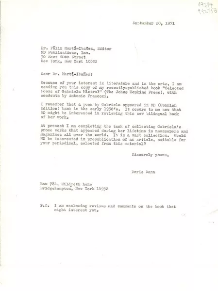 [Carta] 1971 Sept. 20, Box 784, Hildreth Lane, Bridgehampton, New York 11932, [EE.UU.] [al] Dr. Félix Martí-Ibáñez, Editor MD Publications, Inc., 30 East 60th Street, New York, New York 10022, [EE.UU.]  [manuscrito] Doris Dana.
