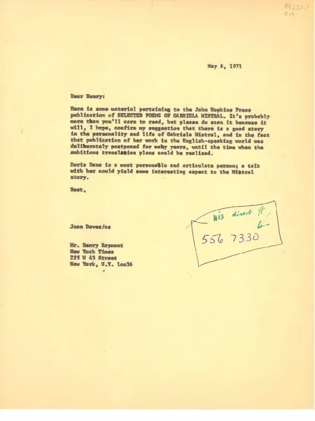 [Carta] 1971 May 6, [EE.UU.] [a] Mr. Henry Raymont, New York Times, 229 W 43 Street, New York, N. Y., 10036, [EE.UU.]  [manuscrito] Joan Daves.
