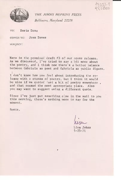 [Carta] 1971 May 5, The Johns Hopkins Press, Baltimore, Maryland 21218, [EE.UU.] [a] Doris Dana  [manuscrito] Lisa Johns.