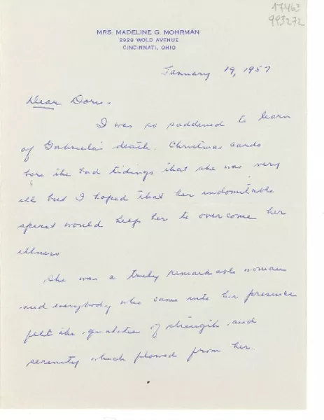 [Carta] 1957 Jan. 19, 2928 Wold Avenue, Cincinnati, Ohio, [EE.UU.] [a] Dear Doris [Dana]  [manuscrito] Madeline G. Mohrman.