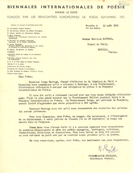 [Carta] 1952 août 12, Bruxelles, [Belgique] [a] Madame Gabriela Mistral, Consul du Chili, Rapallo, Italie  [manuscrito] Pierre-Louis Flouquet.
