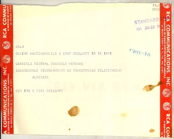 [Telegrama] 1954 jun. 18, Santiago, Chile [a] Gabriela Mistral, New York  [manuscrito] [Roberto] Aldunate.
