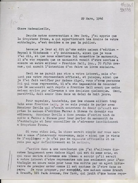 [Carta] 1946 Mar. 29, New York [a] Chere Mademoiselle  [manuscrito] Arne H. Ekstrom.