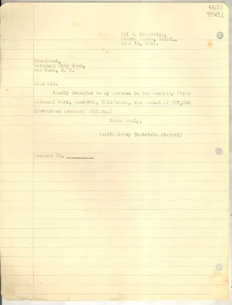 [Carta] 1946 June 10, Sierra Madre, Calif. [a] President National City Bank, New York  [manuscrito] Lucila Godoy.