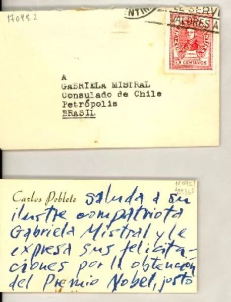 [Tarjeta] 1945 dic., Buenos Aires, Argentina [a] Gabriela Mistral, Consulado de Chile, Petrópolis, Brasil  [manuscrito] Carlos Poblete.