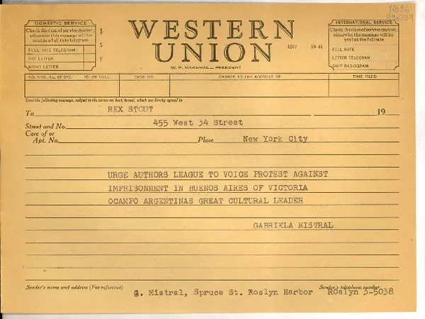[Telegrama] Roslyn Harbor, Long Island, [Estados Unidos] [a] Rex Stout  [manuscrito] Gabriela Mistral.