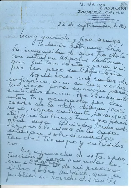 [Carta] 1951 sept. 22, Zamalek, El Cairo, [Egipto] [a] Muy querida y fina amiga  [manuscrito] Natalia Drohojowska.