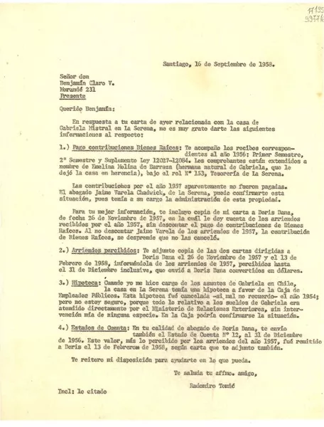 [Carta] 1958 sept. 16, Santiago [a] Señor don Benjamín Claro V., Morandé 231  [manuscrito] Radomiro Tomic.