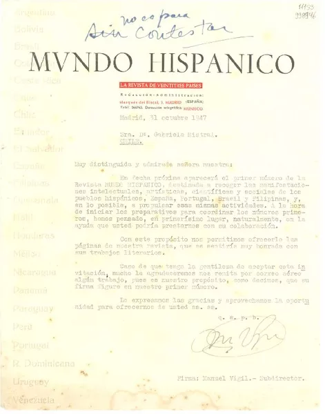 [Carta] 1947 oct. 31, Madrid [a] Gabriela Mistral, Chile  [manuscrito] Manuel Vigil.