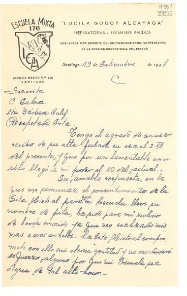 [Carta] 1947 sept. 19, Santiago [a] Señorita C. Saleva, Santa Barbara, California  [manuscrito] A. Rivera de Gómez.