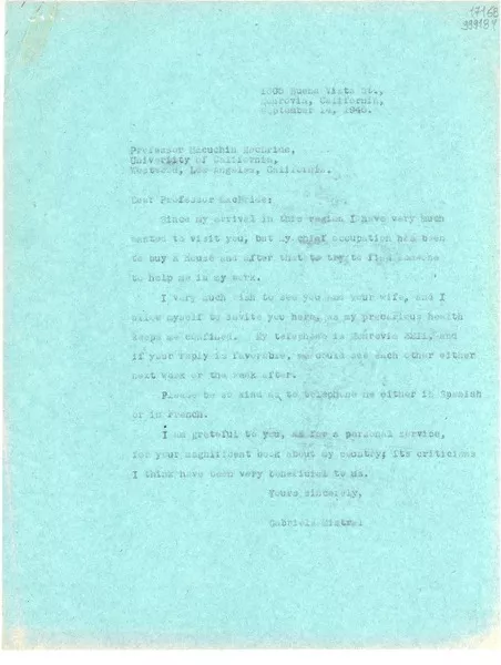 [Carta] 1946 Sept. 14, Monrovia, California [a] Professor Macuchin Mac Bride, Los Angeles, California  [manuscrito] Gabriela Mistral.
