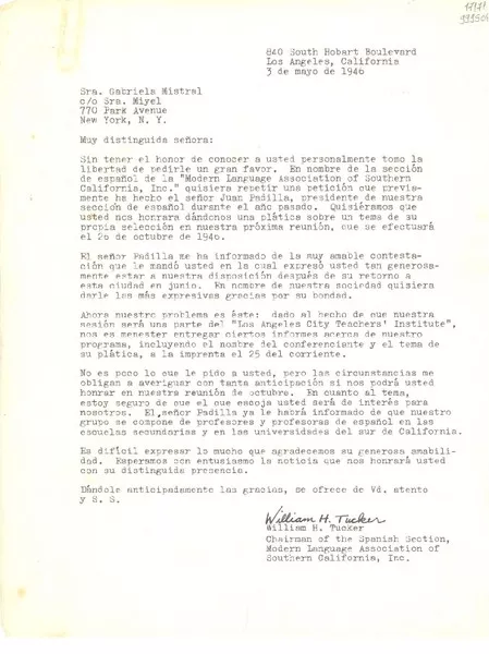 [Carta] 1946 mayo 3, Los Angeles, California [a] Gabriela Mistral, New York  [manuscrito] William H. Tucker.