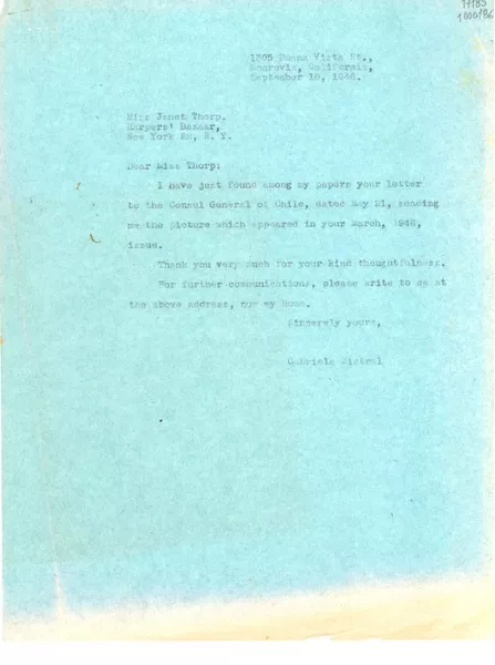[Carta] 1946 sept. 18, Monrovia, California, [Estados Unidos] [a] Miss Janet Thorp, New York  [manuscrito] Gabriela Mistral.