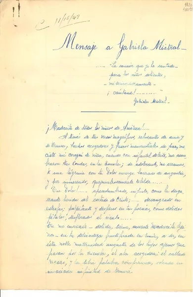 [Carta] [1947, Buenos Aires] [a] Gabriela Mistral  [manuscrito] María Rosa Sarrailh Jáuregui.