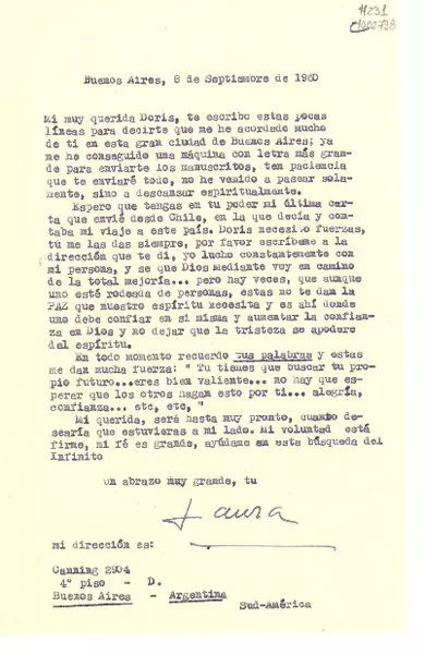 [Carta] 1960 sept. 8, Buenos Aires [a] Doris Dana  [manuscrito] Laura Labarca.