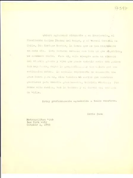 [Carta] 1955 oct. 1, N.Y., [EE.UU.] [a] Presidente Carlos Ibáñez del Campo  [manuscrito] Doris Dana.