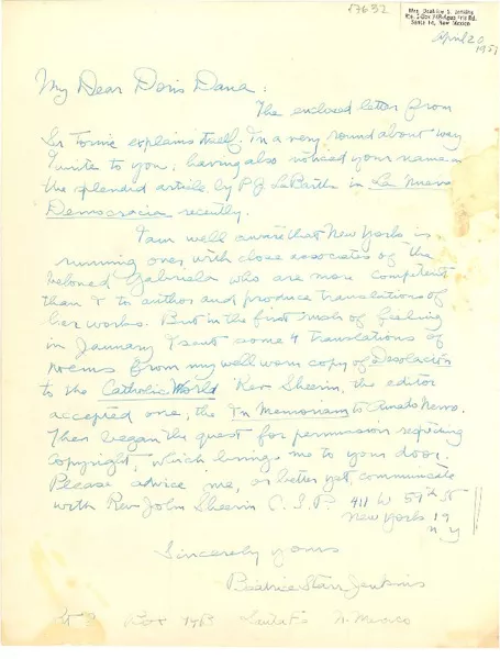 [Carta] 1957 abr. 20, Santa Fe, New México [a] Doris Dana  [manuscrito] Beatrice Starr Jenkins.
