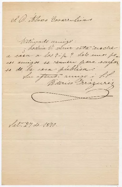 [Carta] 1870 Set[iembre] 27, [Santiago] [a] D. Álvaro Covarrubias  [manuscrito] Federico Errázuriz.