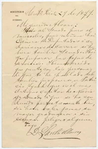 [Carta] 1879 diciembre 29 [Santiago] [a] Alvaro Covarrubias [manuscrito] Domingo Santa María.