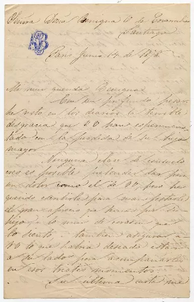 [Carta] 1878 Junio 14, Paris [a] Doña Benigna de Covarrubias :  [manuscrito] Carmen B. de Blest.