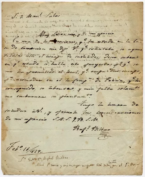 [Carta] 1829 Feb[rer]o 16, [Santiago?] [al] S. D. Man[uel] Salas  [manuscrito] Rafael Bilbao.