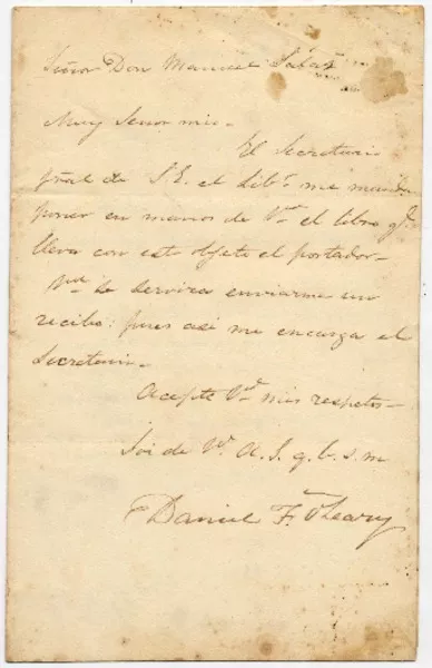 [Carta] 1821 Setiembre 8, San[tiago] [al] Señor Don Manuel Salas  [manuscrito] Daniel F. O'Leary.