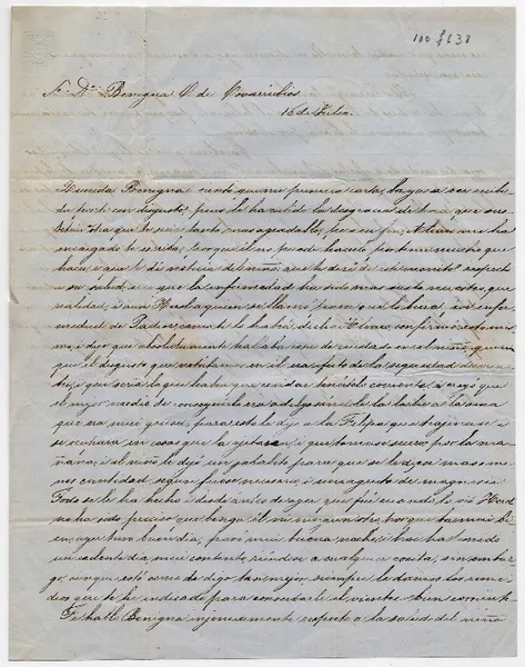 [Carta] [1852] Julio 16, [Santiago] [a] Benigna O. de Covarrubias  [manuscrito] Luz [Ortúzar].