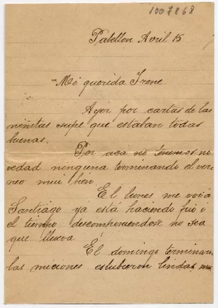 [Carta] [1913?] Abril 15, Pabellon [Santiago] [para Doña Irene Lazcano Echaurren]  [manuscrito] Maria Teresa.
