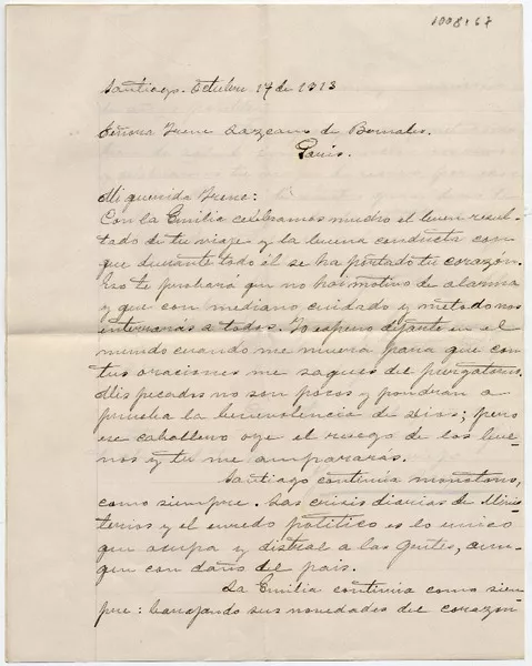 [Carta] 1913 Octubre 27, Santiago [a] Señora Irene Lazcano de Bernales  [manuscrito] Fernando Lazcano.