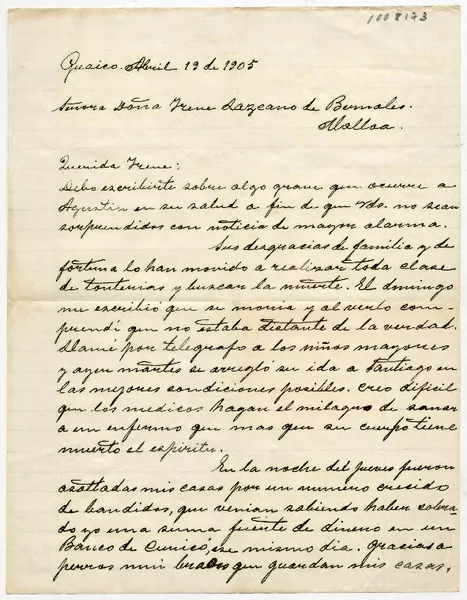 [Carta] 1905 abril 19, Guaico [a] Señora Doña Irene Lazcano de Bernales  [manuscrito] Fernando Lazcano.