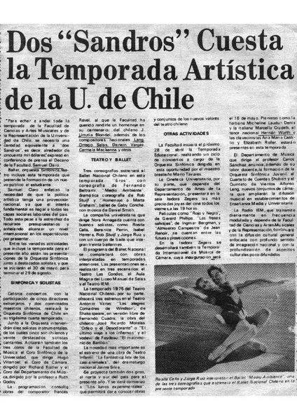 Dos "Sandros" cuesta la Temporada Artística de la U. de Chile  [artículo]
