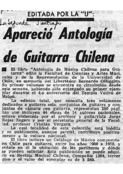 Apareció antología de guitarra chilena Editada por la "U" [artículo]