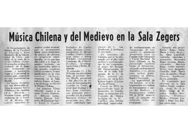 Música Chilena y del Medievo en la Sala Zegers  [artículo]
