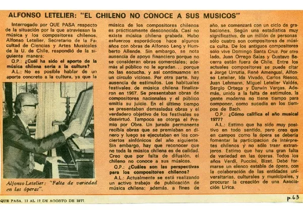 Alfonso Letelier: el chileno no conoce a sus músicos.  [artículo]