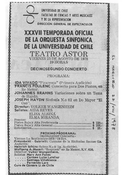 XXXVII Temporada oficial de la Orquesta Sinfónica de la Universidad de Chile Teatro Astor, viernes 25 de agosto de 1978 [artículo]