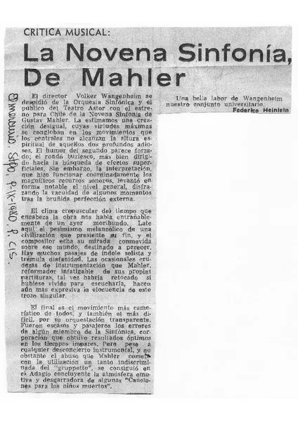La Novena Sinfonía, de Mahler Crítica Musical [artículo]