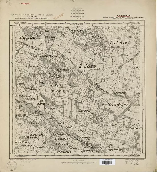 Curimón Departamentos de San Felipe i Los Andes [material cartográfico] : Estado Mayor Jeneral del Ejército de Chile, Departamento de Levantamiento.
