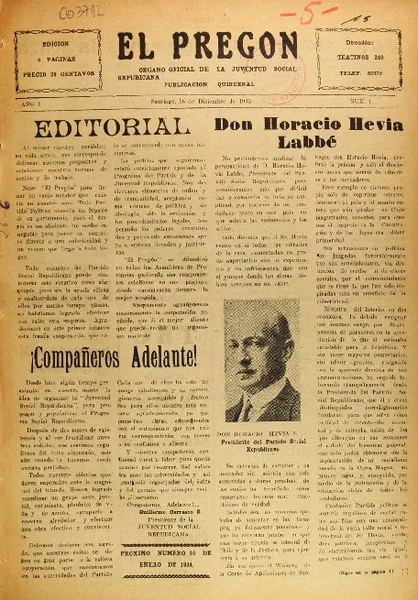 El Pregón órgano oficial de la Juventud Social Republicana.