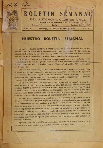Boletín semanal del automóvil Club de Chile.