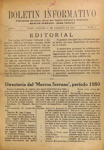 Boletín informativo publicación periódica oficial del Centro Cultural y Deportivo Marcos Serrano.