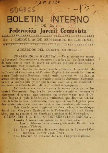 Boletín interno de la Federación Juvenil Comunista.