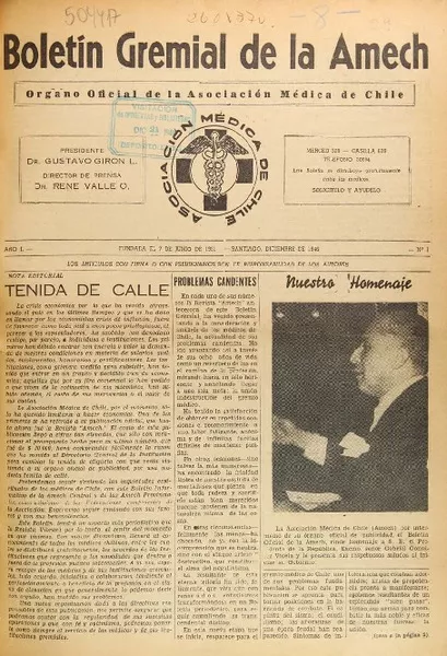 Boletín gremial de la AMECH órgano oficial de la Asociación Médica de Chile.