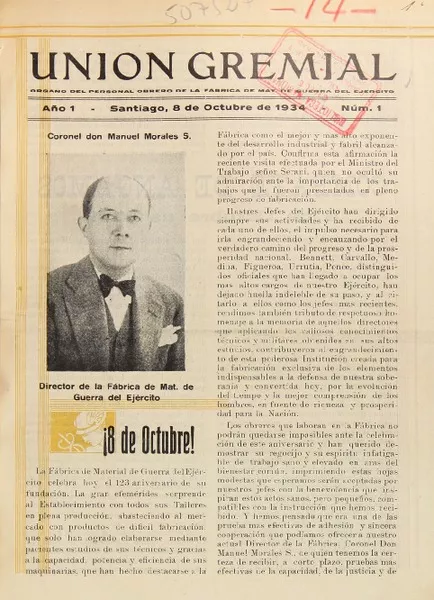 Unión gremial organo del personal obrero de la Fábrica de Mat. de Guerra del Ejército