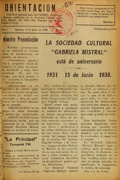 Orientación publicado por la Sociedad Cultural Gabriela Mistral del sexto año primario del Iquique English College.