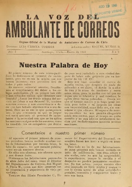 La Voz del Ambulante de Correos órgano oficial de la Mutual de Ambulantes de Correos de Chile,