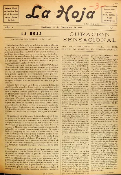 La Hoja órgano oficial del Instituto Nacional de Cooperación Obrera de Chile.