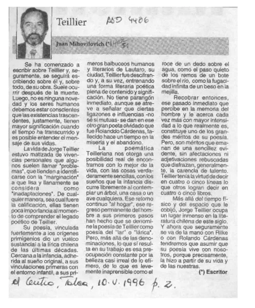 Teillier  [artículo] Juan Mihovilovich.