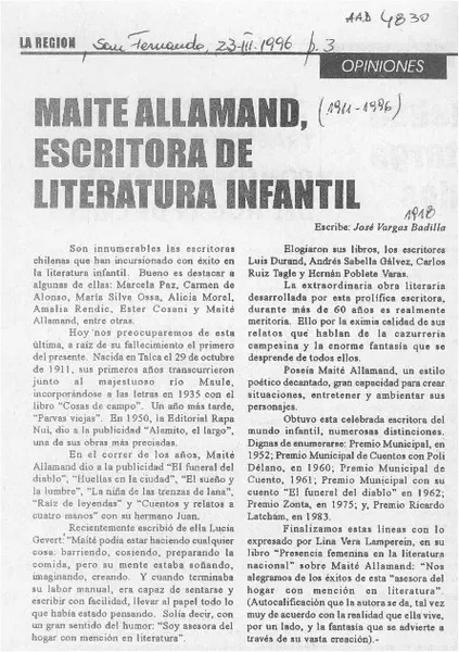 Maité Allamand, escritora de literatura infantil  [artículo] José Vargas Badilla.